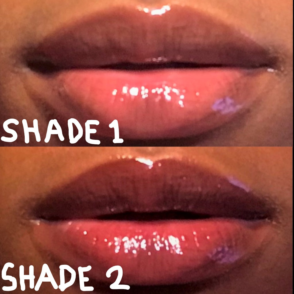 KSR Natural Shaded Lip Gloss Tube with a gold lid, and golden logo printed on the bottle. its a natural nude color thats pops combined with lip liner! Displayed on a model's lips.
