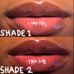 KSR Natural Shaded Lip Gloss Tube with a gold lid, and golden logo printed on the bottle. its a natural nude color thats pops combined with lip liner! Displayed on a model's lips.