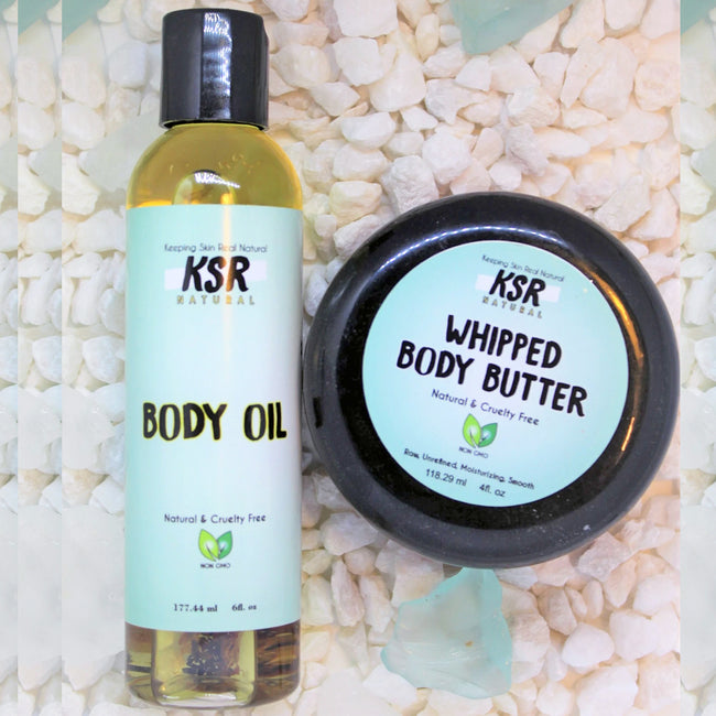 KSR Natural Winter Duo (Body Oil and Whipped Butter) Containers Displayed on white stones